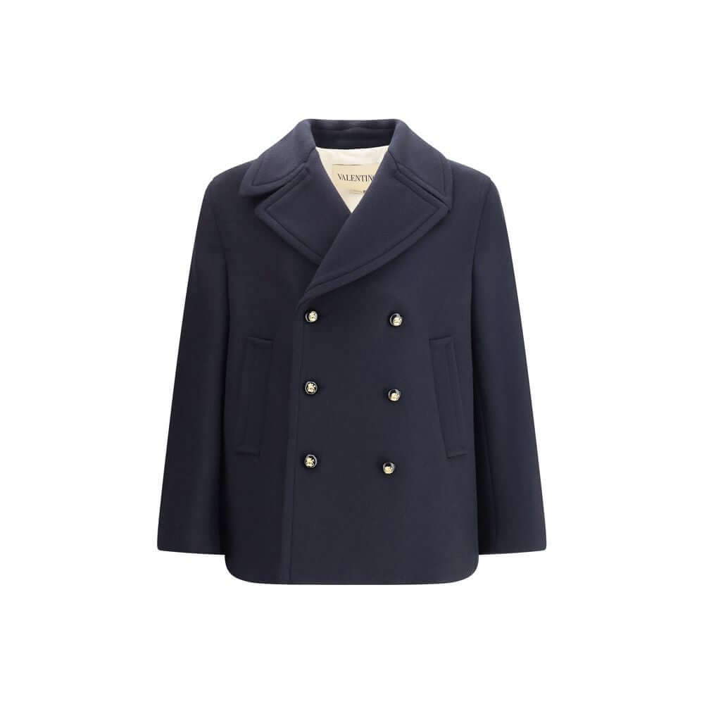 Valentino Blue Fleece Wool Coat with double-breasted front, wide lapels, and pockets for timeless elegance and modern class.