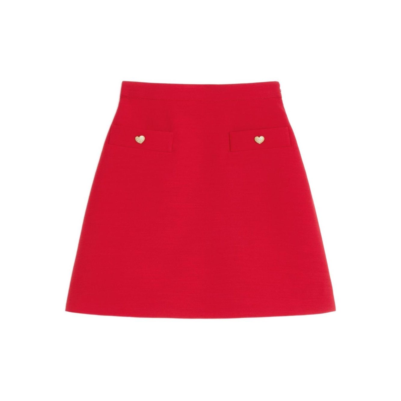 Valentino Crepe Couture Skirt - Red wool and silk with heart motif, concealed zip, and faux pocket detail