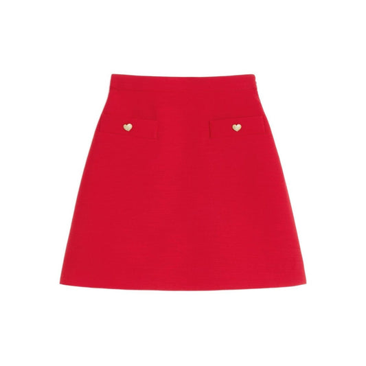 Valentino Crepe Couture Skirt - Red wool and silk with heart motif, concealed zip, and faux pocket detail