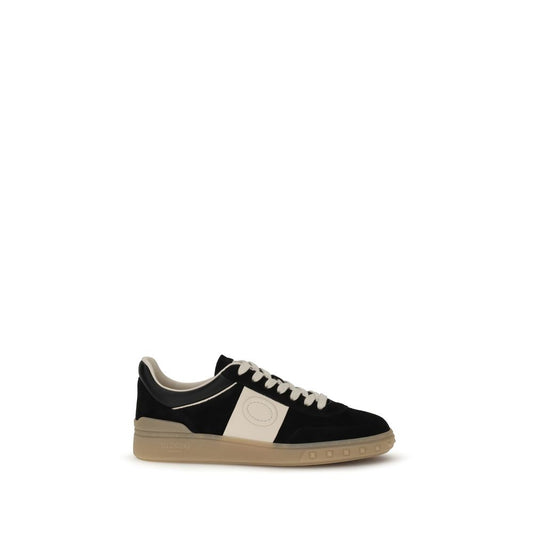 Valentino Garavani Black Calf Leather Bos Taurus Low Top Sneakers with suede and nappa leather band, featuring VLogo Signature and rubber sole.