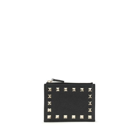 Valentino Garavani Black Calf Leather Bos Taurus Wallet with platinum studs and zippered coin compartment, elegant Rockstud card holder.