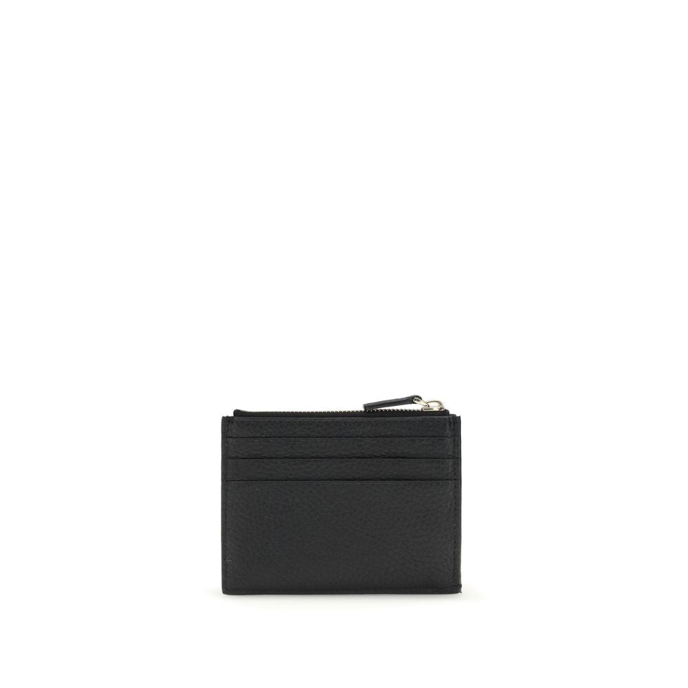 Valentino Garavani Black Calf Leather Bos Taurus Wallet with Rockstud design, 3 card slots, and zippered coin compartment.