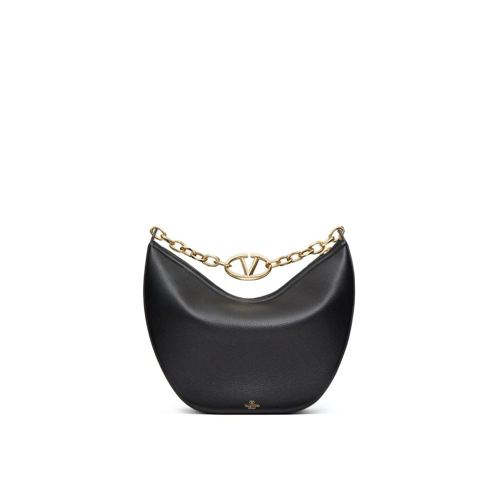 Valentino Garavani Black Calfskin Shoulder Bag with gold-tone Vlogo, removable strap, and chain handle, made in Italy.