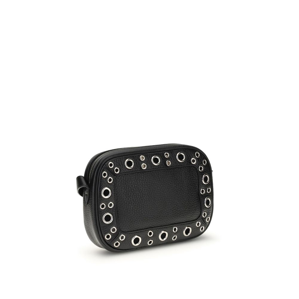 Valentino Garavani Black Leather Shoulder Bag with palladium-finish details, adjustable strap, and ball stud decorations.