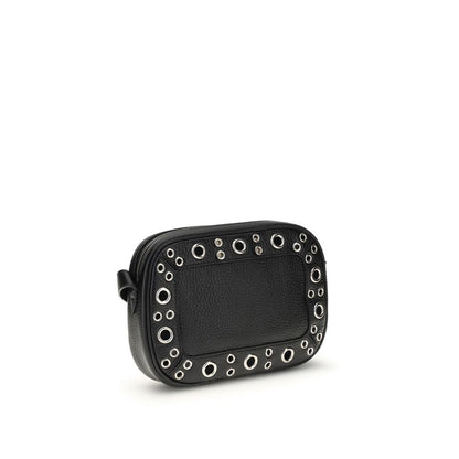Valentino Garavani Black Leather Shoulder Bag with palladium-finish details, adjustable strap, and ball stud decorations.