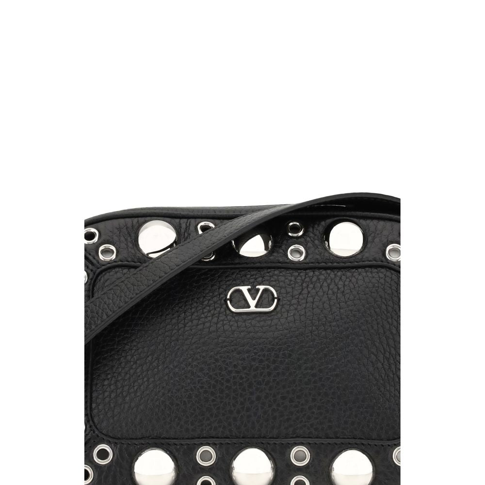 Valentino Garavani Black Leather Shoulder Bag with ball studs, rivets, and VLogo Signature