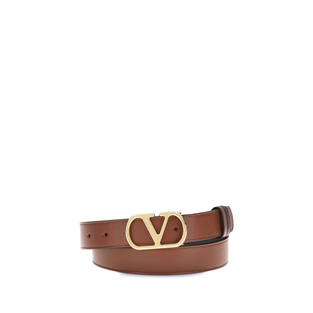 Valentino Garavani Brown Calf Leather Bos Taurus Regular Belt with gold metal VLogo buckle.