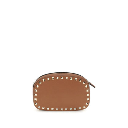 Valentino Garavani Brown Calf Leather Bos Taurus Shoulder Bag with platinum-finish studs and chain strap.