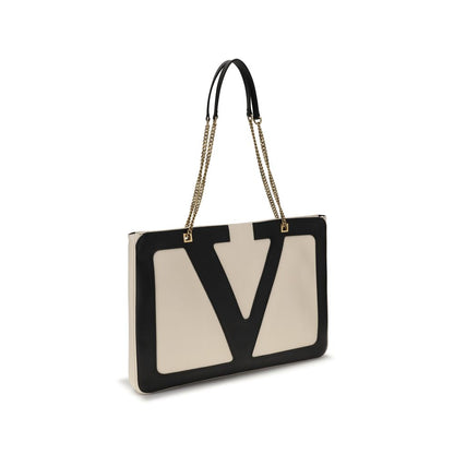 Valentino Garavani Cream Lamb Ovis Aries Aries Shoulder Bag with signature maxi VLogo and chain strap in cream and black.