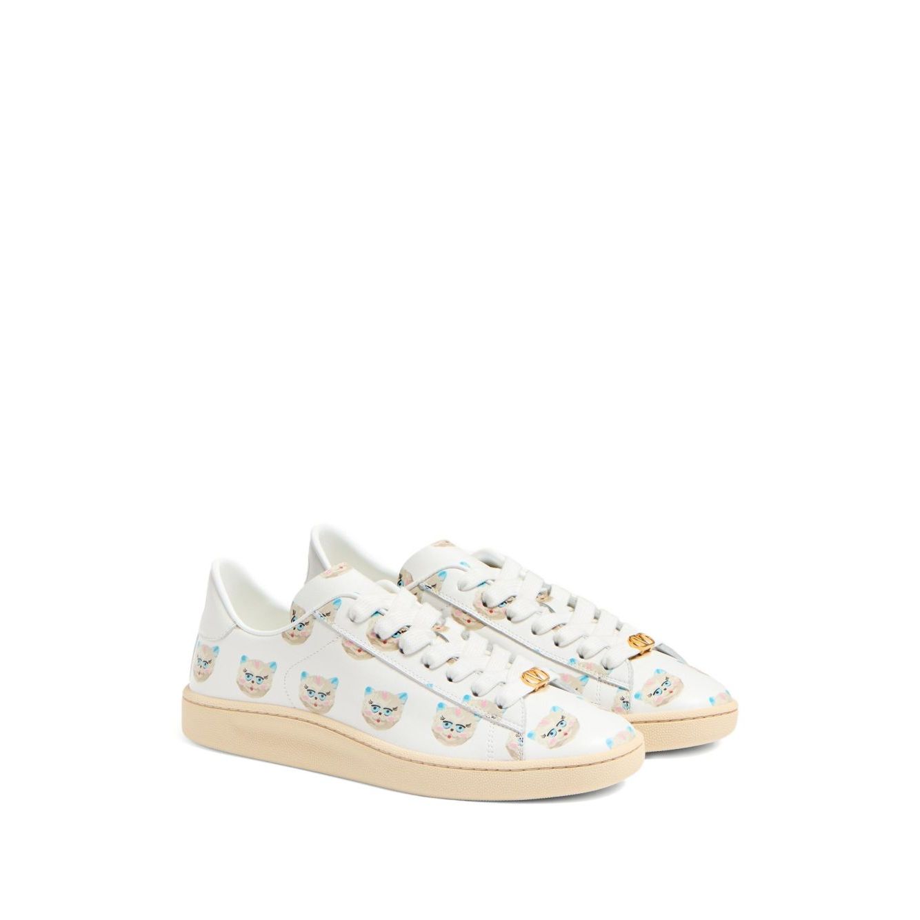 Valentino Garavani Le Chat De La Maison Royco Sneaker In Nappa Calfskin, white lace-up, VLogo insole, round toe leather shoe.