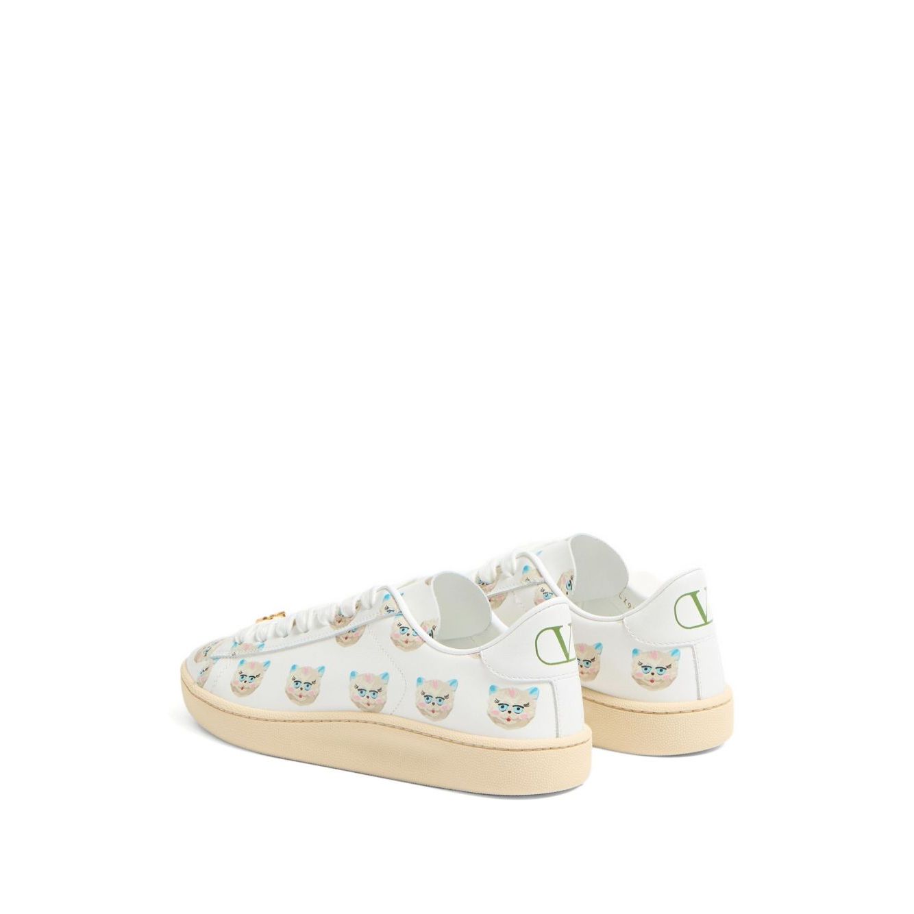 Valentino Garavani Le Chat De La Maison Royco Sneaker In Nappa Calfskin, white leather sneaker with cat print and branded details.