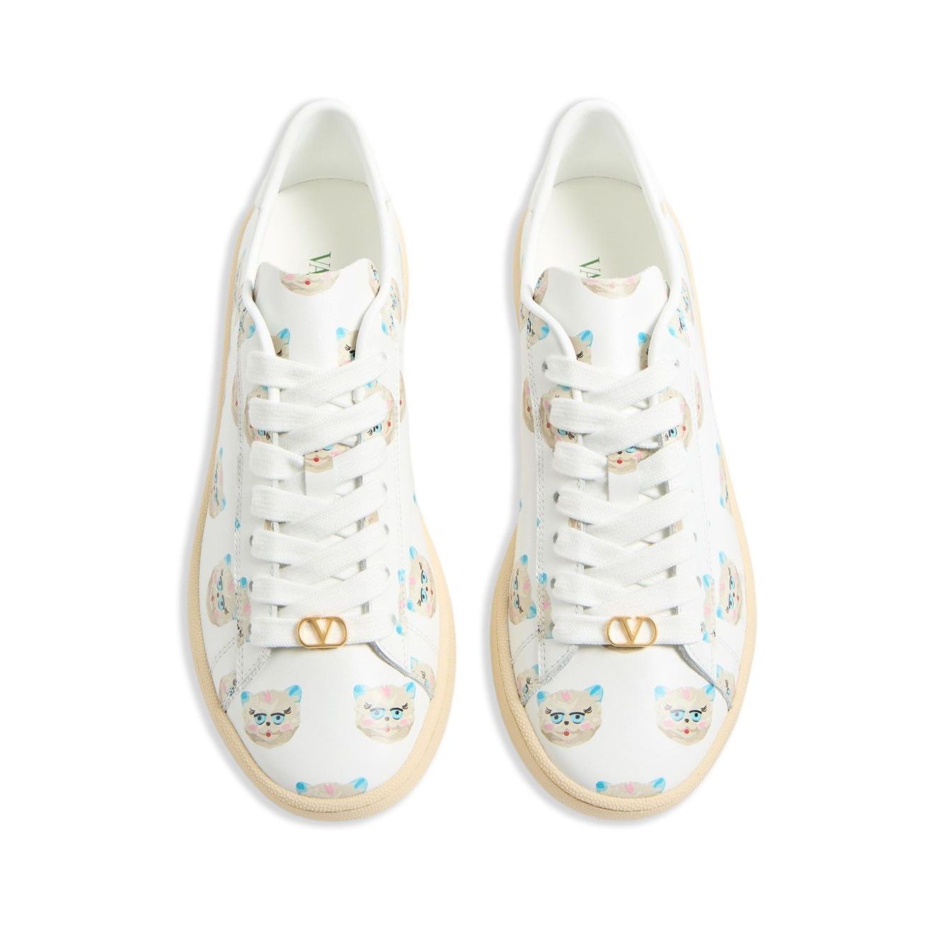 Valentino Garavani Le Chat De La Maison Royco Sneaker In Nappa Calfskin with white lace-up, VLogo, and cat design.