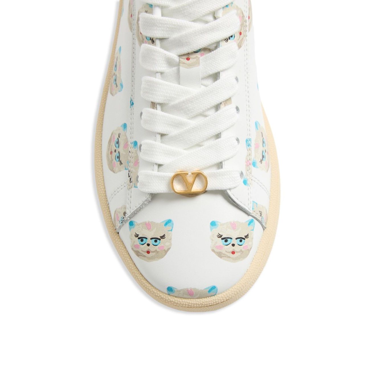 Valentino Garavani Le Chat De La Maison Royco Sneaker In Nappa Calfskin with cat print design on white leather and VLogo on laces.