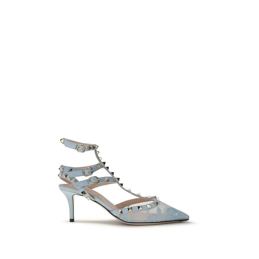 Valentino Garavani Light Blue Fabric High Heel Pumps with lace, suede straps, platinum-finish studs, and adjustable straps. AW25 collection.