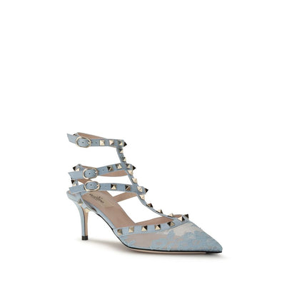 Valentino Garavani Light Blue Fabric High Heel Pumps with lace and platinum-finish studs, featuring adjustable suede straps.