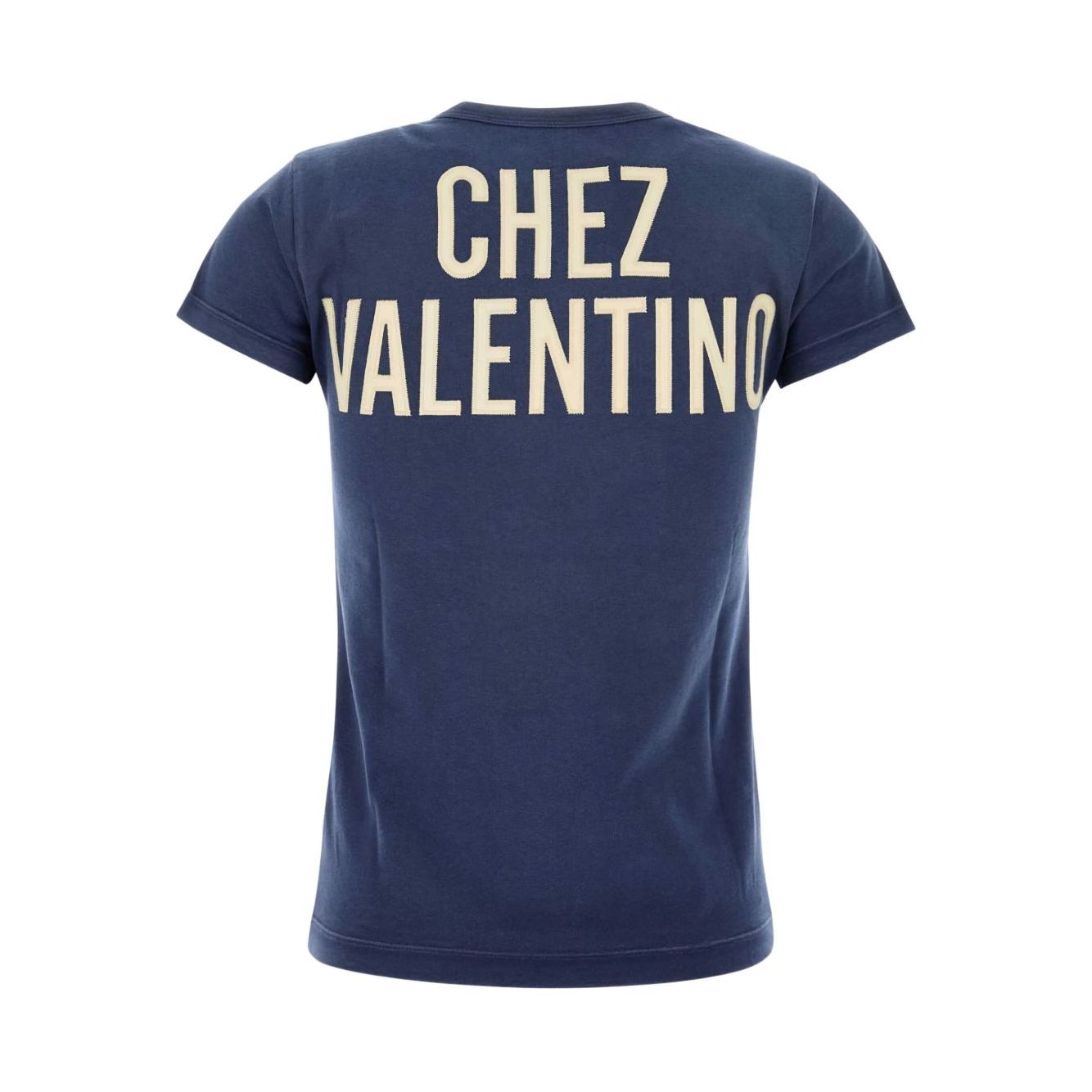 Valentino Graphic-lettering t-shirt with bold back logo lettering, navy blue short sleeves, cotton material.