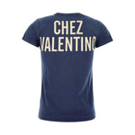 Valentino Graphic-lettering t-shirt with bold back logo lettering, navy blue short sleeves, cotton material.