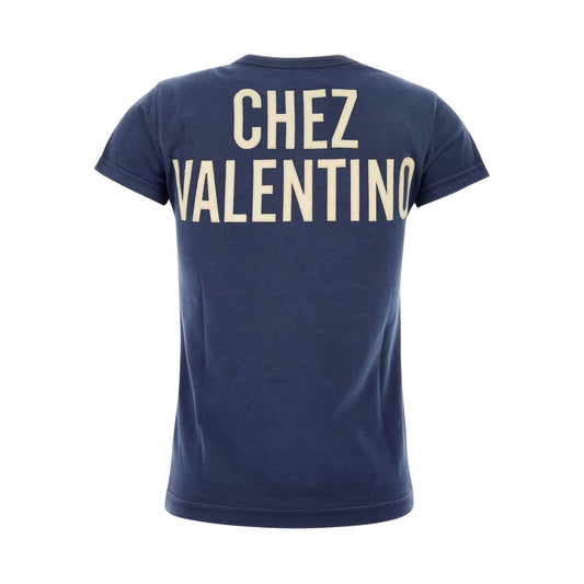 Valentino Graphic-lettering t-shirt with bold back logo lettering, navy blue short sleeves, cotton material.