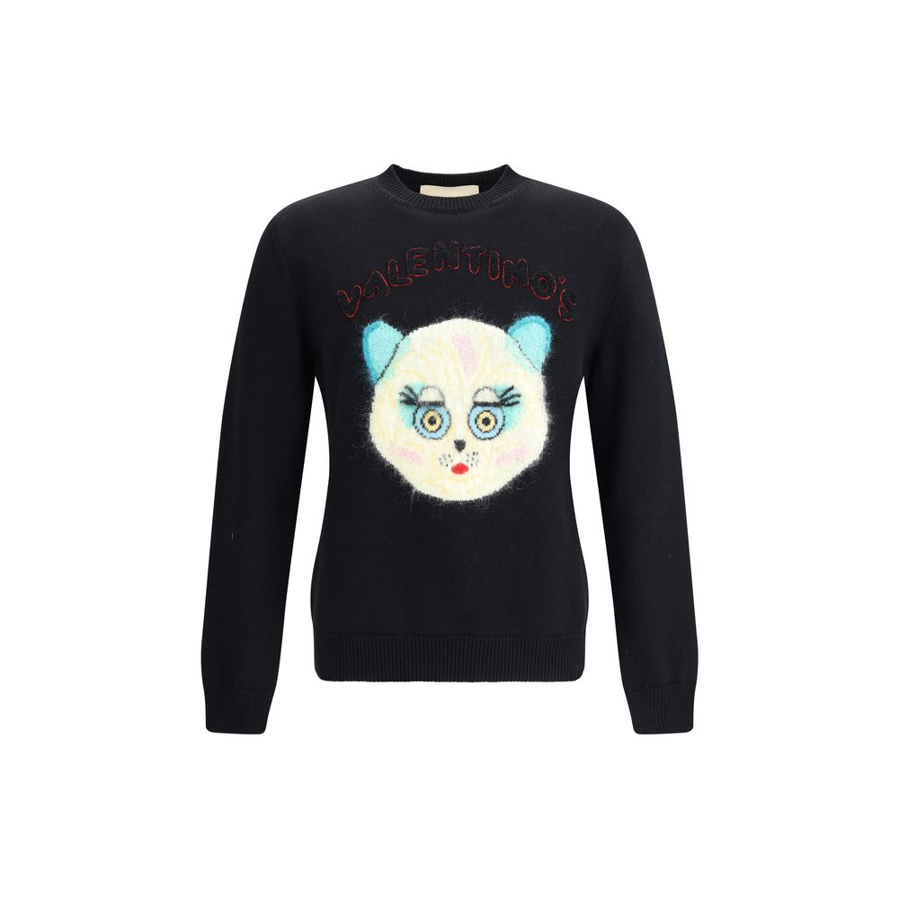 Valentino Le Chat De La Maison Sweater with cat patch, ribbed crew neck, and elegant wool-cotton blend for stylish comfort.