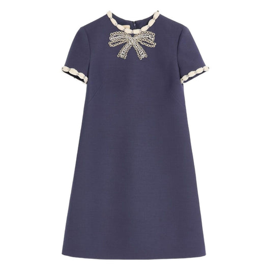 Valentino Short Embroidered Crepe Couture Dress in navy blue with rhinestone embellishments and contrasting trim.
