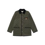 Valentino Vlogo Signature quilted jacket in olive green with contrasting collar and press-stud fastening, featuring three front patch pockets.