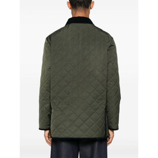 Back view of Valentino Vlogo Signature quilted jacket in olive green with contrasting collar and trim.