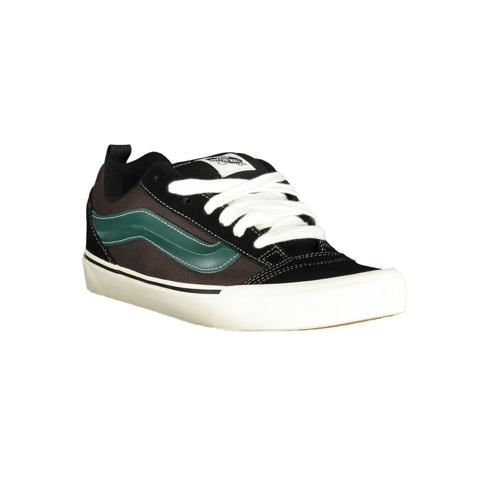 Vans Black Leather Men Sneaker with green accents, featuring iconic Vans logo and white laces, perfect for street style and comfort.