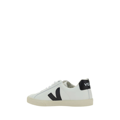Veja White Rubber Sneakers - Esplar calfskin sneakers with logo patch and lace-up closure, side view on white background.