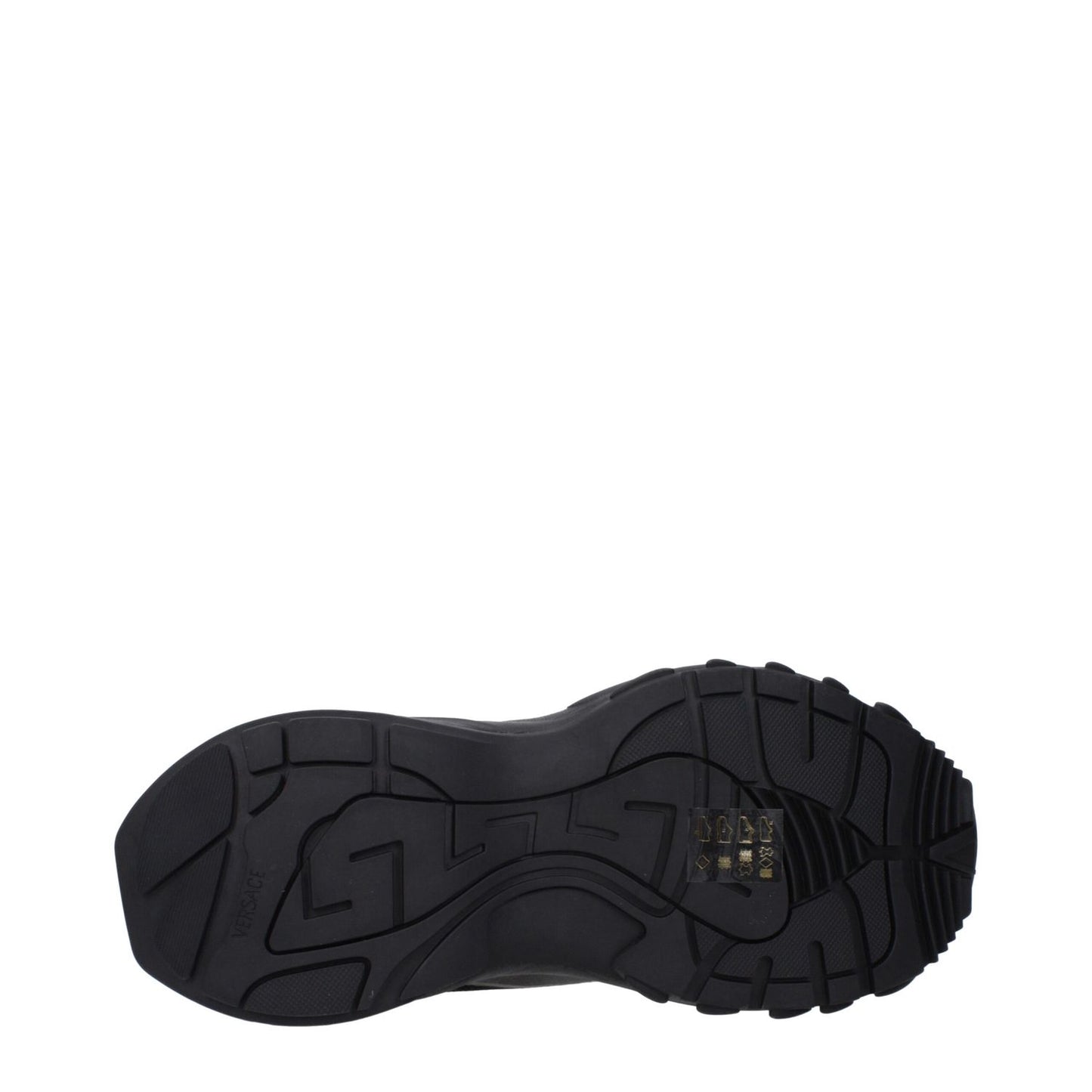 Sole view of Versace Black Fabric Athletic Sneakers with logo details on side and back.