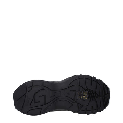 Sole view of Versace Black Fabric Athletic Sneakers with logo details on side and back.