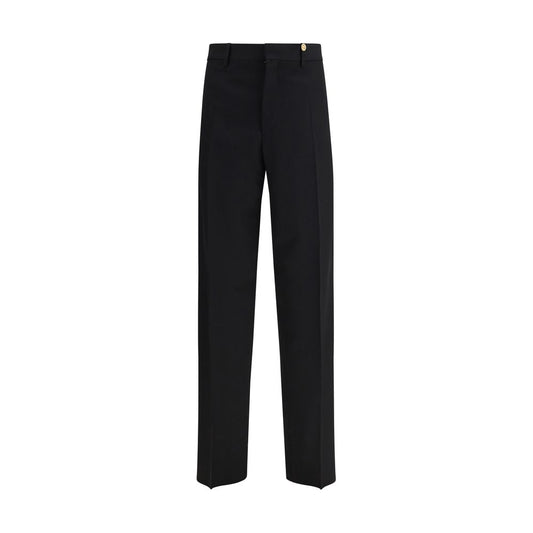 Versace Black Fleece Wool Dress Pants with slim fit and jacquard label, featuring side and back welt pockets.