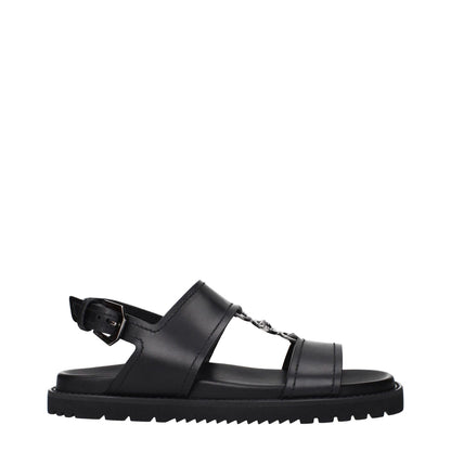 Versace Black Leather Sandals with MPN 10176071A135121B00E, featuring front detail design, side view.