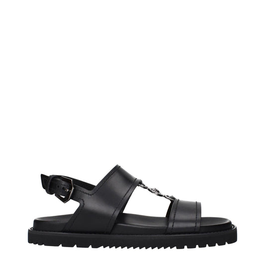 Versace Black Leather Sandals with MPN 10176071A135121B00E, featuring front detail design, side view.