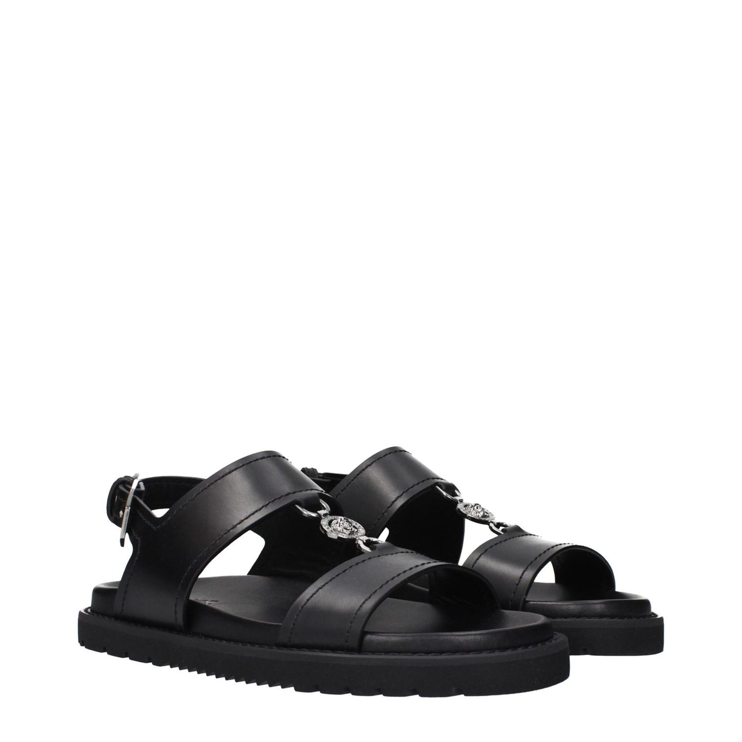 Versace Black Leather Sandals with front detail and signature design.