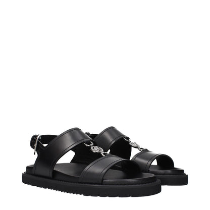 Versace Black Leather Sandals with front detail and signature design.