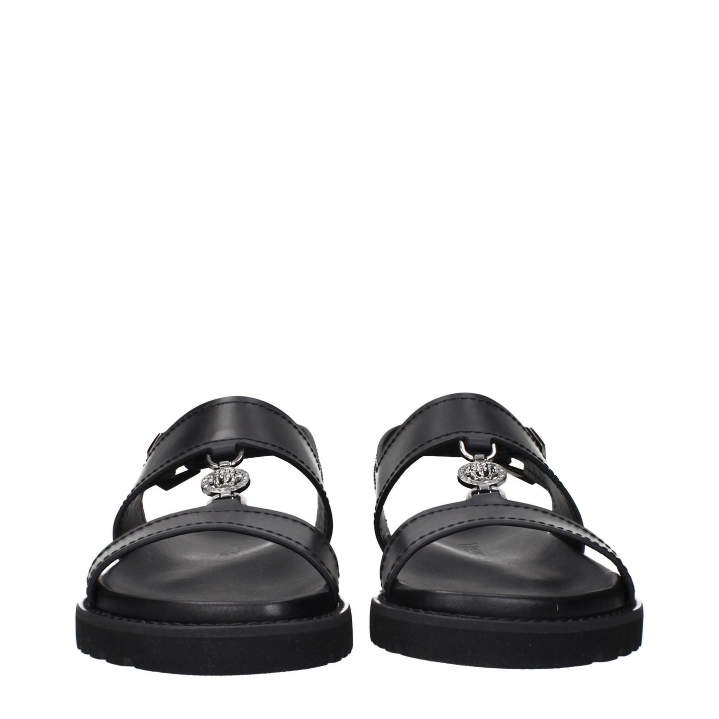 Versace Black Leather Sandals with front detail, MPN 10176071A135121B00E, code F84907, luxury sandals designed by Versace.