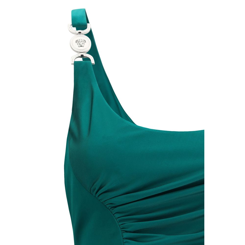 Versace Green Viscose Casual Dress showcasing a close-up of shoulder strap detail with silver accents on fluid design.