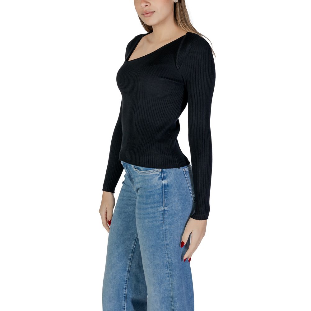 Vila Clothes Black Viscose Sweatshirt featuring asymmetric neckline and ribbed design for a modern, elegant look.