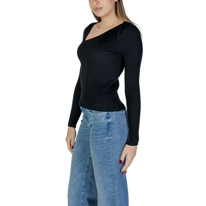 Vila Clothes Black Viscose Sweatshirt featuring asymmetric neckline and ribbed design for a modern, elegant look.