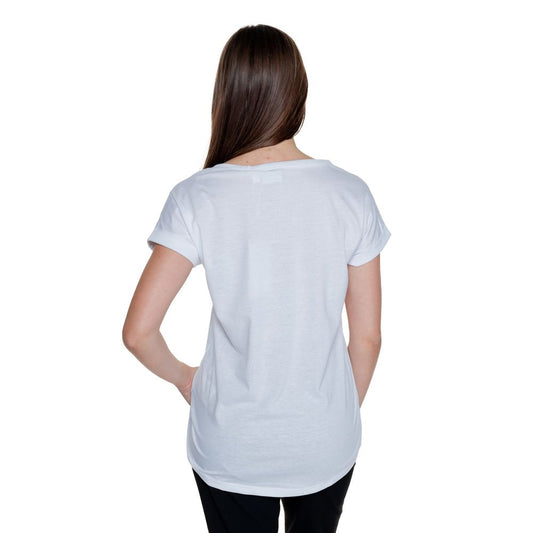 Back view of woman wearing Vila Clothes White Cotton T-Shirt, showcasing short sleeves and round neckline.