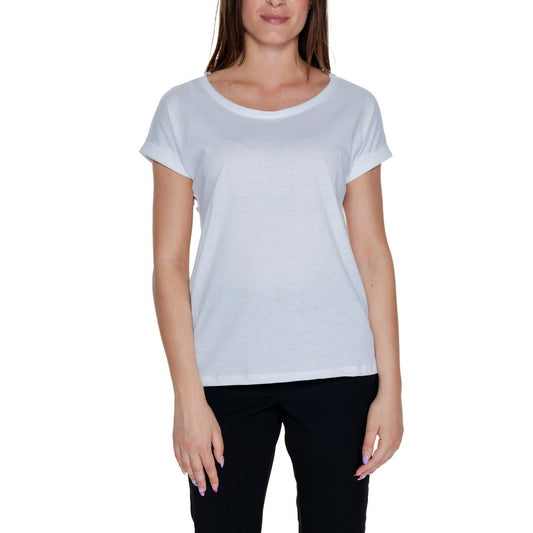 Vila Clothes White Cotton T-Shirt with round neckline and rolled-up sleeves, perfect for everyday style and comfort.