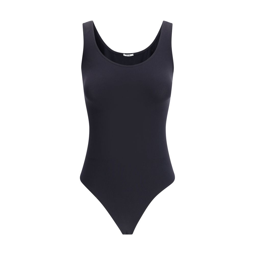 Wolford Black Polyamide Top, sleeveless Jamaika Bodysuit with seamless Velvet fabric for elegant shaping and sustainability.