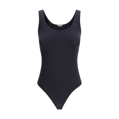 Wolford Black Polyamide Top, sleeveless Jamaika Bodysuit with seamless Velvet fabric for elegant shaping and sustainability.