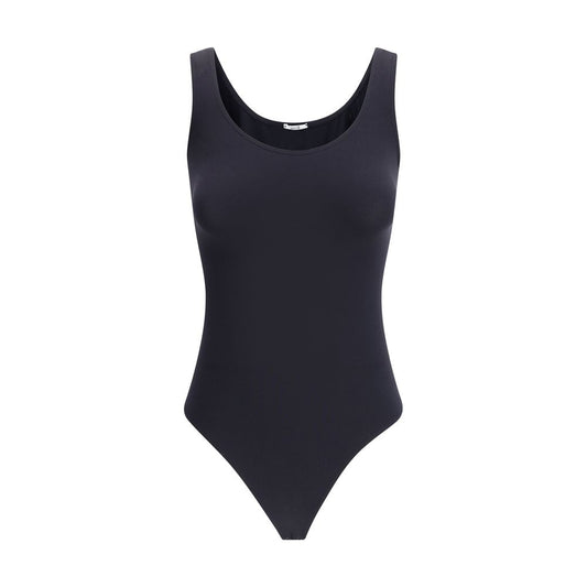 Wolford Black Polyamide Top, sleeveless Jamaika Bodysuit with seamless Velvet fabric for elegant shaping and sustainability.