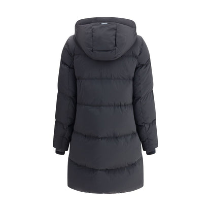 Back view of Woolrich Black Goose Down Coat with hood and elastic cuffs, showcasing padded quilted design for warmth and style.
