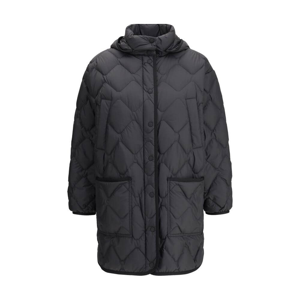 Woolrich Black Polyester Clothing - Heritage Down Jacket with hood, snap closure, patch pockets, knee-length for cold weather.