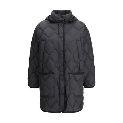 Woolrich Black Polyester Clothing - Heritage Down Jacket with hood, snap closure, patch pockets, knee-length for cold weather.