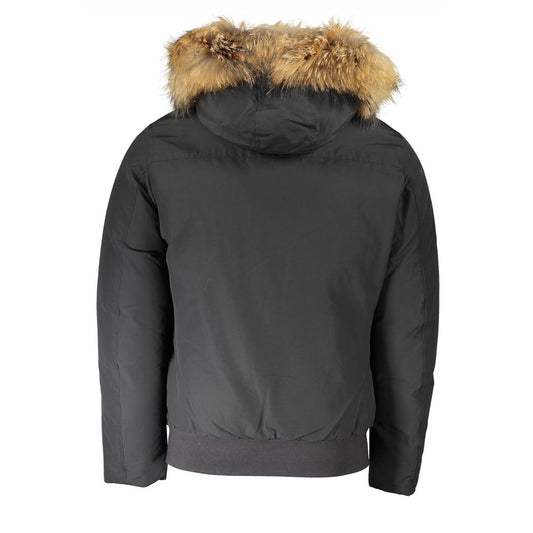 Woolrich Gray Cotton Men Jacket with Hood and Removable Fur, featuring a fur-trimmed hood for a stylish and practical outerwear option.