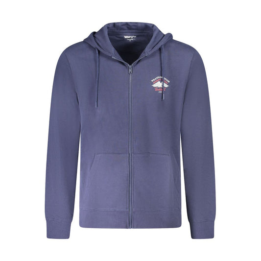 Wrangler Blue Cotton Men Sweater with bold graphic print and iconic logo, central zip, and dual pockets for style and comfort.
