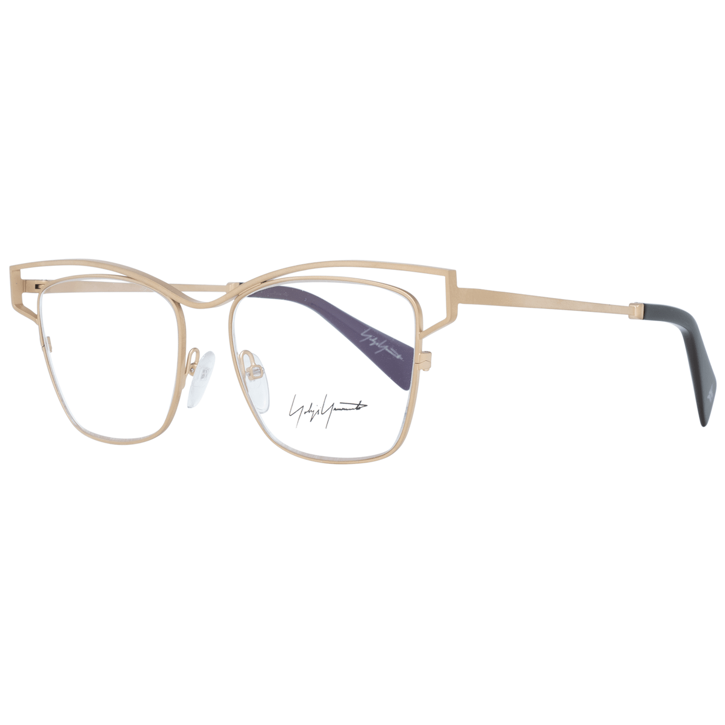 Yohji Yamamoto Gold Women Glasses Frame, square full-rim, titanium material, blue-filter lenses, temples length 145mm, bridge width 16mm.